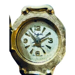 Vintage Sheffield Swiss Made Ring Watch PAT PEND Gold Tone Hinged Cover AS-IS